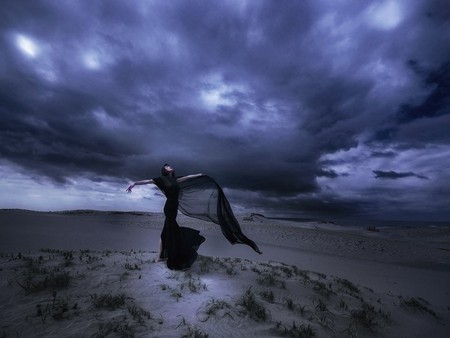 The Storm - storm, clouds, black, fantasy, woman, dress