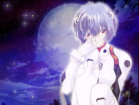 Ayanami Rei - moon, evangelion, rei, female, ayanami rei, alone, night