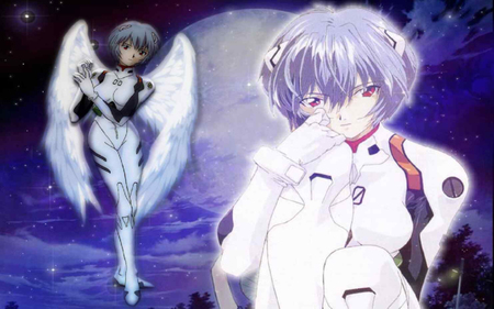 Angel of Moon - moon, angel, female, wings, night, ayanami rei, evangelion, alone, rei