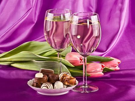 Beautiful evening for us - silk, romantic, pink tulips, evening, chocolate, beauty, sweets, love, flowers, tulips, champagne, glasses, purple, candy