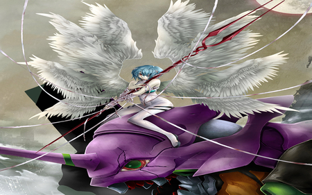 Angel of Rei - moon, rei, female, ayanami rei, angel, robot, evangelion, wings, ribbon