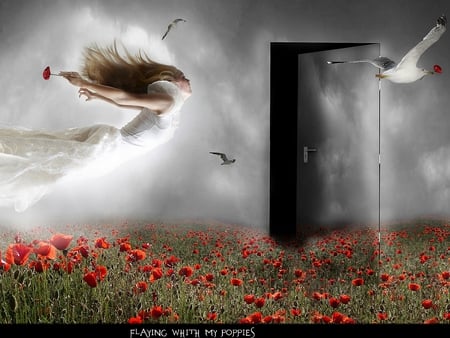 flying with my poppies - bird, girl, flower, red