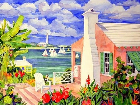 Little Pink Cottages - cottage, lake, lighthouse, houses, cat, trees, sailboats, water, plants, deck, cottages, clouds, boatschairs, flowers