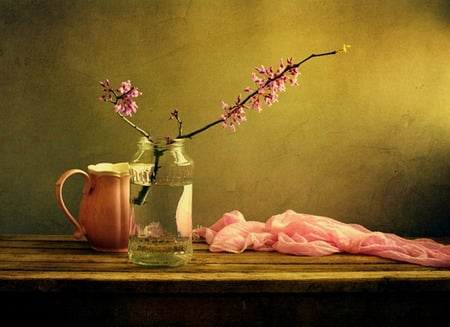 Simple Blossoms - pitcher, vase, table, still life, flowers, scarf, pink scarf, pink pitcher, jar