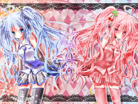 Yuki Miku & Sakura Miku - tie, pretty, artistic, snowflakes, snow, pink, uniform, flowers, pink eyes, yuki miku, yuki, blue hair, nice, blue eyes, program, hot, thighhighs, beauty, virtual, petals, cg, white, cute, aqua eyes, song, sexy, vocaloid, anime, blue, cherry, twintail, hatsune miku, music, red, sakura miku, fruit, pink hair, art, diamonds, idol, anime girl, sakura, skirt, beautiful, singer, girl, cool, miku, awesome, diva, digital, aqua hair, hatsune, vocaloids