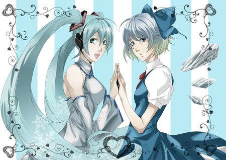 Vocaloid - hatsune miku, cirno crossover dress, twintails, long hair, aqua hair, 2girls, touhou, bow, vocaloid