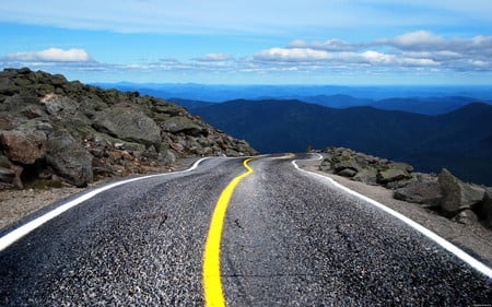 Twisting road to mountain - the sky, mountains, road, clouds