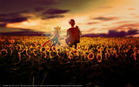 lost (happy) in the sunflowers - clouds, twin tails, sunflowers, anime, gettin dark, girl, blonde, brown hair, light, boy, holding hands, sunset, sky