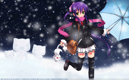 Play with Snow - snowcat, play, female, cat, snow, umbrella, anime girl