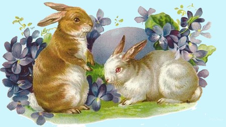 Vintage Easter - violets, rabbits, blue, firefox persona, easter, flowers, vintage, renaissance, bunnies, egg, antique, old fashion