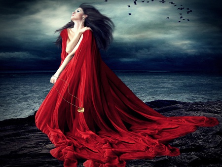 The Secret of Her Soul - woman, beach, sky, female, heart, ravens, cloak, brunette, stormy, birds, ocean, night, gold, abstract, secret, red, sea, dress