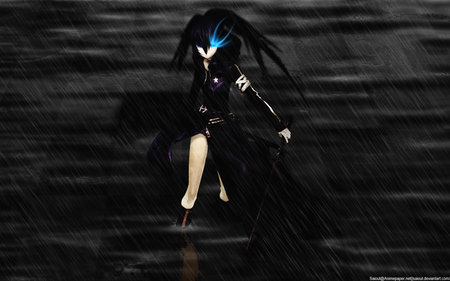 Black Rain Rock - black rock shooter, rain, dress, coat, night, dark