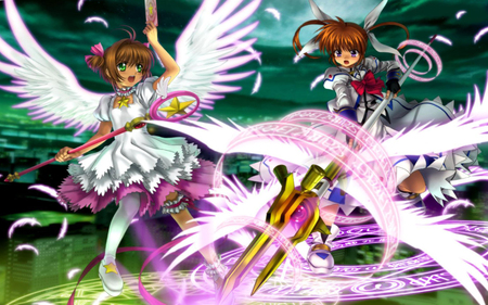 Sakura Card Captor - cross over, wings, kinomoto sakura, cardcaptor sakura, mahou shoujo lyrical nano, card captor sakura, takamachi nanoha