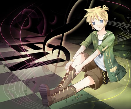 Len - anime, kagamine, alone, blonde, cool, hair, smile, sit, len