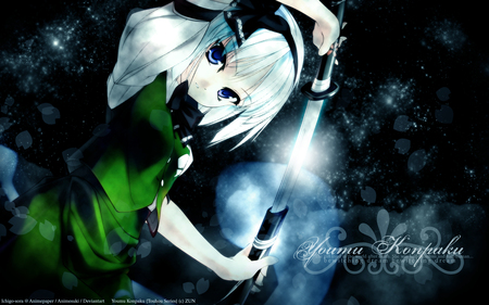 Konpaku Youmu - sword, touhou, konpaku youmu, white hair, moon, night