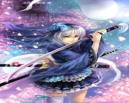 Wing of Light cherry blossom - moon, female, touhou, cherry blossom, wing, sword, konpaku youmu