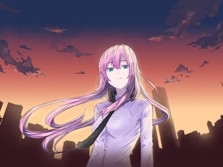 Luka - clouds, headphone, vocaloid, anime, megurine, pink, hair, luka