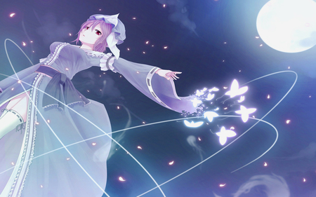 Light of Moon - touhou, butterfly, fly way, light, moon, night, saigyouji yuyuko