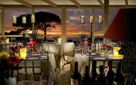 Romantic Evening - relax, pretty, summer, romantic, romance, eatery, flowers, stunning, dinner, hotel, red wine, bottle, candle, beauty, colors, architecture, chair, vases, nature, sunset, lights, glass, evening, chairs, bar, wine, view, candles, sky, bottles, clouds, vase, beautiful, table, sea, lovely, ocean, colorful, glasses, peaceful, restaurant