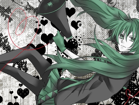 Hatsune Miku - Love is War - tie, pretty, artistic, heart, love is war, uniform, headphones, nice, program, hot, beauty, virtual, cg, white, green, cute, song, sexy, airplanes, vocaloid, anime, twintail, bombers, hatsune miku, megaphone, microphone, music, aqua, art, idol, anime girl, skirt, beautiful, singer, girl, cool, black, miku, awesome, diva, digital, hatsune, vocaloids, headset