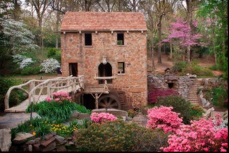 Old mill flowers garden - flowers, watermill, beautiful, garden, spring