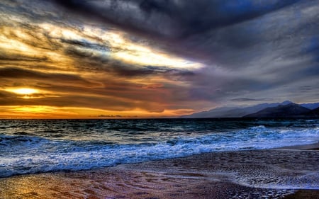 Sunset - beauty, beach, sky, peaceful, colorful, mountains, sunset, view, clouds, sand, ocean, lovely, waves, nature, beautiful, colors, sea