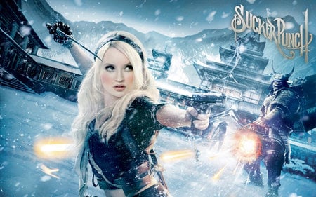 Sucker Punch - female, gun, snow, sword, sucker punch, blonde hair, weapons, green eyes, oriental building, long hair, actress, armour, gatling gun, movies, kitana