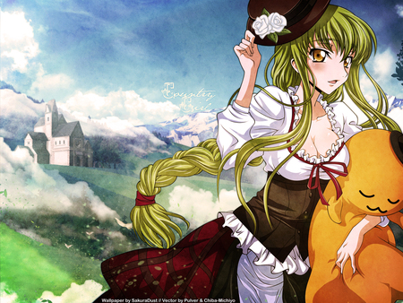 CC - hat, pretty, clothes, anime, cc, beautiful, dress, blush, beauty, green hair, doll, nature, cute, sexy, code geass