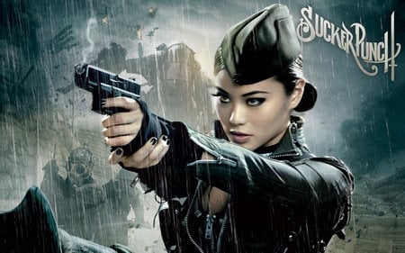 Sucker Punch - gun, hat, rain, black hair, jacket, weapon, zipper, movies, sucker punch