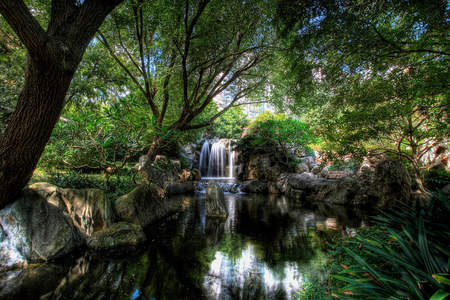 Waterfall - rhettly, landscape, forest, reflection, hdr, plants, sky, trees, water, image, beauty, stones, white, nature, waterfall, green, rocks