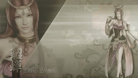 Diao Chan - female, girl, diao chan, long hair, brown hair, dynasty warriors, green eyes, games, pretty, beautiful, video games, dress