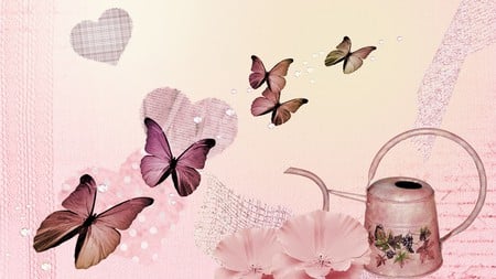 Summer Things - flowers, heart, dew, butterflies, lace, firefox persona, watering can, net