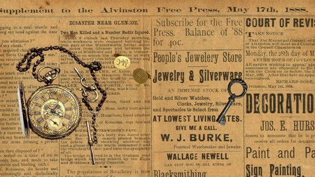 1888 Newspaper - key, cuff links, pocket watch, vintage, ads, fierfox persona, renaissance, antique