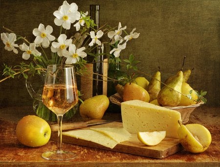 still life - pretty, spring, photo, white wine, flowers, wine, old, fruit, nice, beautiful, photography, kettle, lovely, cool, still life, flower, bouquet, cheese, drink, harmony, pear, apple, glass