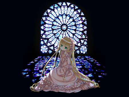 alone - girl, glass, dark room, art, window, anime, lace, little, dress, blonde