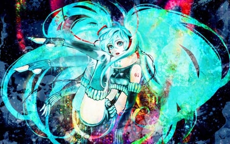 miku - miku, neon, pretty, vocaloid, anime, girl, long twintails, colorful