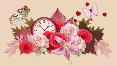 Time for Summer - rose, carnations, hearts, butterfly, lily, pink, clock, leaves, flowers, firefox persona