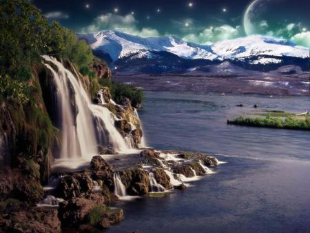 Waterfall - nature, sky, hills, waterfall