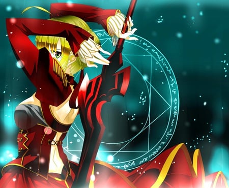 Saber Extra - saber, magic, circle, fate extra, fate stay night, game, red, anime, golden hair, ribbon, sword