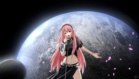 Megurine Luka - aqua, hot, headset, music, anime girl, white, art, cool, petals, earth, artistic, sexy, light, song, space, vocaloids, program, glow, sakura, vocaloid, pink, beautiful, uniform, diva, beauty, nice, singer, aqua hair, black, virtual, pretty, megurine luka, idol, anime, cute, planet, megurine, luka, moon, girl, pink hair, cg, shiny, microphone, blue, headphones, singing, awesome, digital