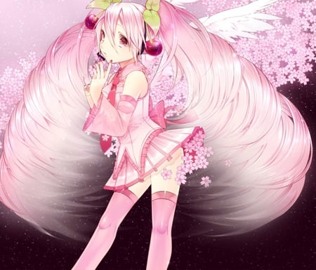 Sakura Miku - angel, thighhighs, wings, music, anime girl, white, art, cool, artistic, hatsune miku, skirt, song, sakura miku, vocaloids, program, sakura, vocaloid, beautiful, pink, uniform, diva, nice, beauty, twintail, singer, black, virtual, pretty, idol, green, anime, miku, cute, girl, feathers, cg, hatsune, red, tie, digital, awesome