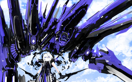 Blue Mecha - cool, blue, anime, hood, black, daggers, mecha