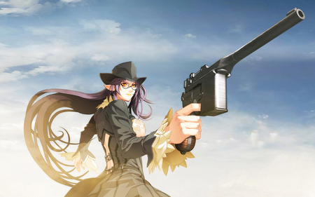 1..2..3.. Shot! - hat, female, shot, cowboy, glasses, zoku satsuriku no django jigoku no shoukinkubi, gun, lily salvatana