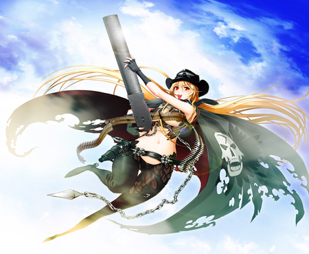 I am Fly! - cloud, big gun, fly, cowboy, zoku satsuriku no django jigoku no shoukinkubi, donne anonime, sky, hat, female