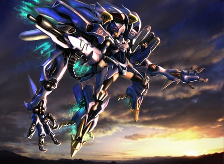 Mecha Girl - girl, anime, weapon, sunset, armor, fly, mecha