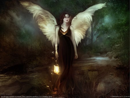 The Last Angel - pretty, female, girl, alone, angel, lamp, dark, cg, fantasy, digital, hd, character