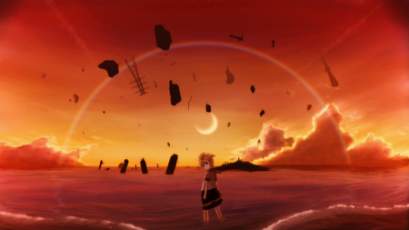 Thanks - moon, anime, vocaloid, kagamine, boy, smile, sky, goodbye, len