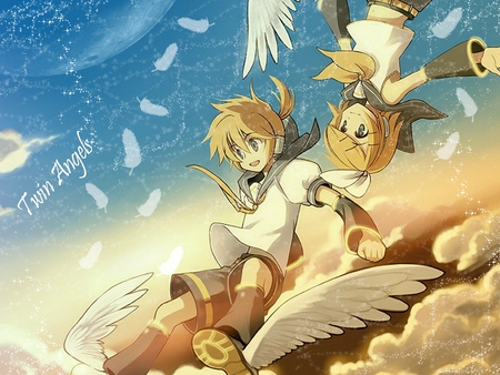 Twin Angels - vocaloid, kagamine, sparkles, angel, rin, miku, twins, hatsune, feathers, sky, len