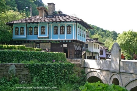 Etura - house, trees, blue, photography, forest, photo, architecture, historical, nature, green, history, old, traditional, bridge, bulgaria