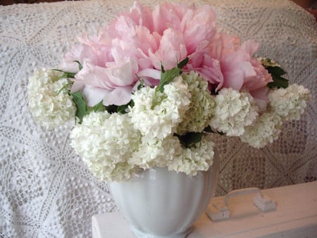 still life - beautiful, flowers, vase, still life, hydrangea, peony